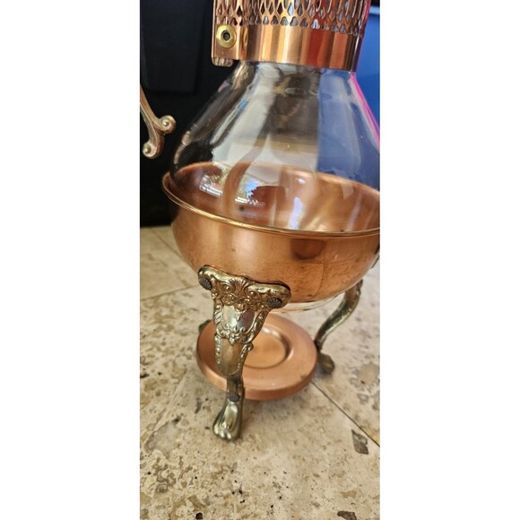 Vintage Copper Brass Coffee Carafe Glass Pot with Warmer & Stand - Picture 2 of 7